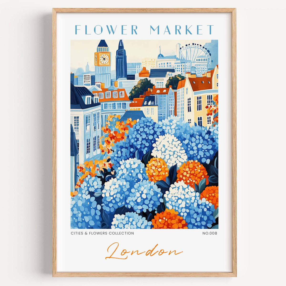 London flower market print in a light oak frame on a plain white wall