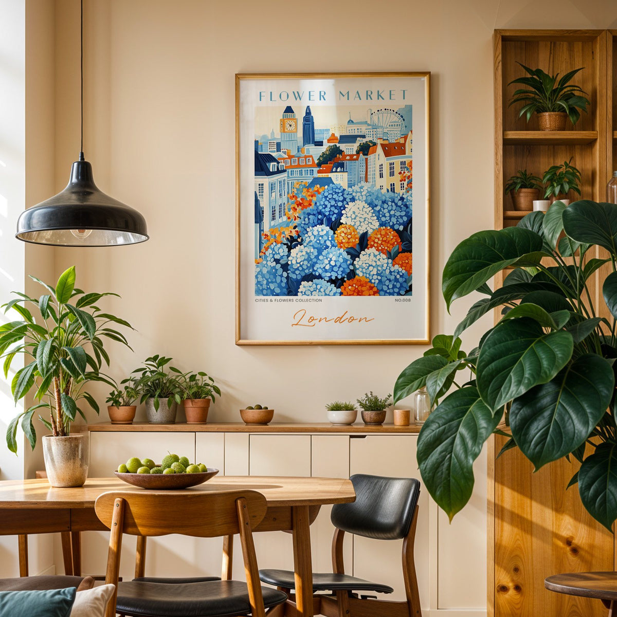 London flower market print in an oak frame above a dining sideboard lined with potted plants