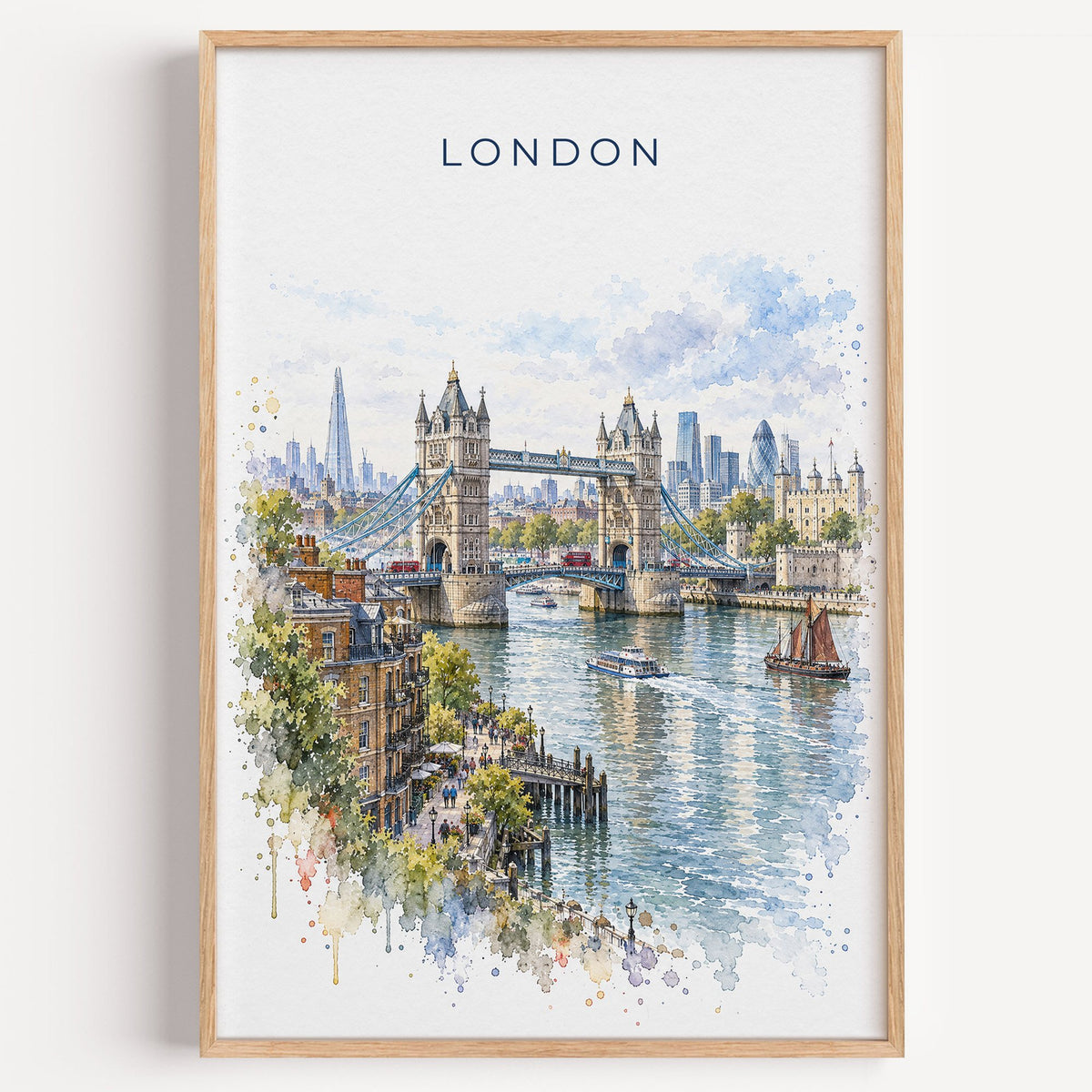 London watercolor print in a light oak frame on a plain white wall