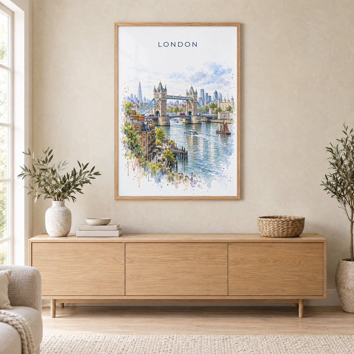 London watercolor print in an oak frame above a light wood sideboard in a Scandinavian living room
