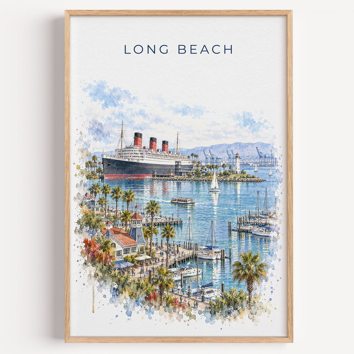 Long Beach watercolor print in a light oak frame on a plain white wall