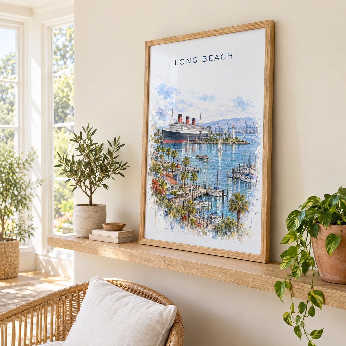 Long Beach watercolor print in an oak frame on a picture ledge in a sunlit sunroom