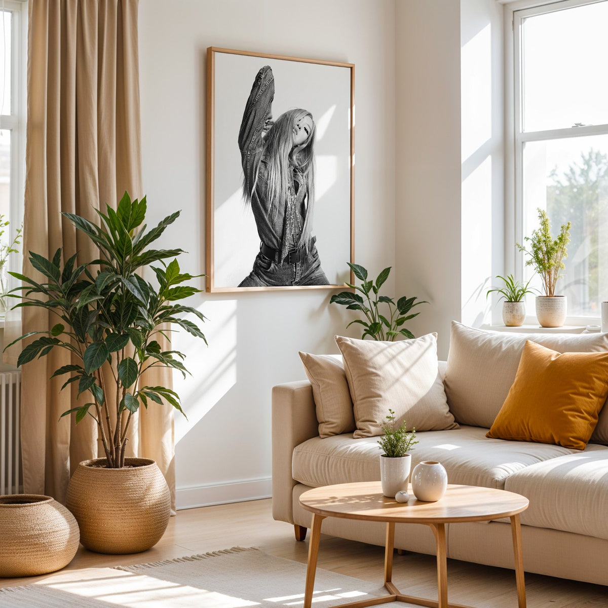 Model in oversized denim jacket, arm raised print in an oak frame above a cream sofa beside woven planters