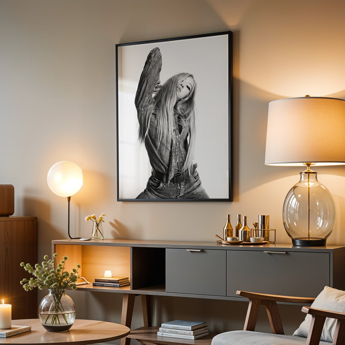 Model in oversized denim jacket, arm raised print in a black frame above a grey media console with a glass table lamp