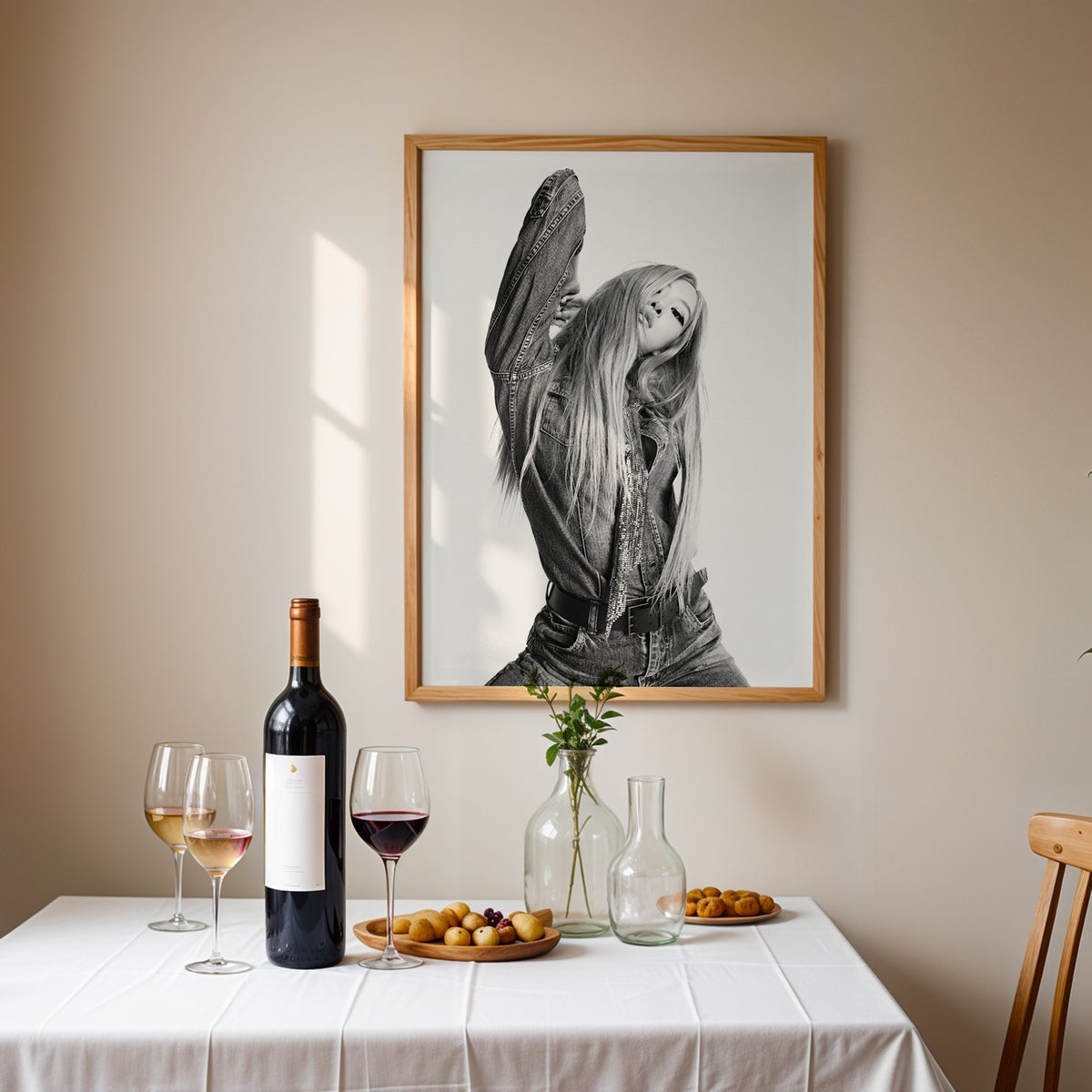 Model in oversized denim jacket, arm raised print in an oak frame above a table set with red wine and glasses