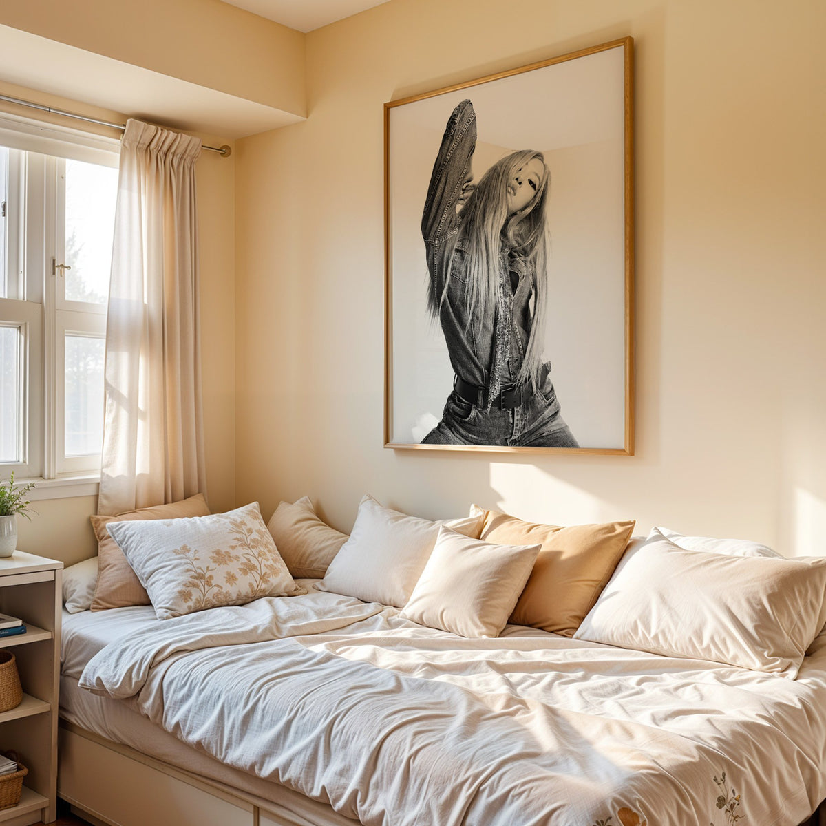 Model in oversized denim jacket, arm raised print in an oak frame above a cream daybed in a sunny bedroom