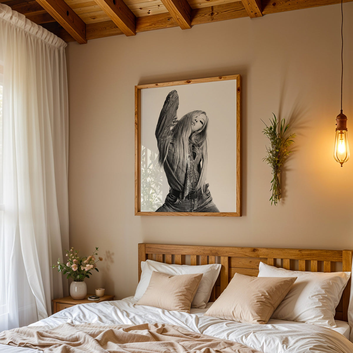 Model in oversized denim jacket, arm raised print in a pine frame above a wood headboard bed under a pendant bulb
