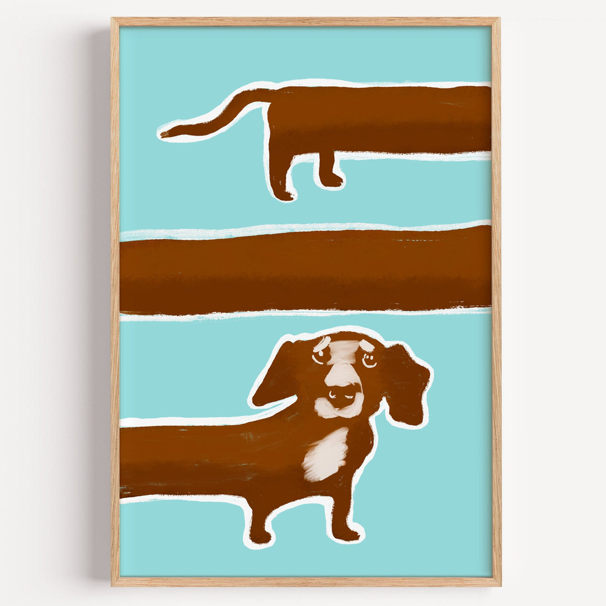Extra long dachshund in three rows nursery print in a light oak frame on a plain white wall