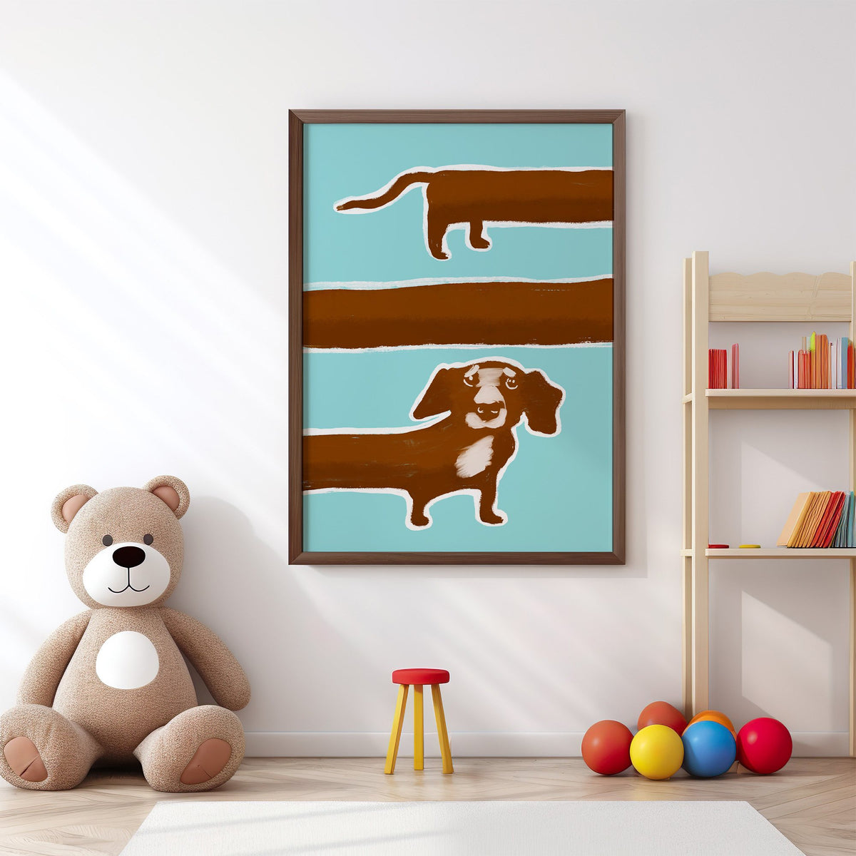 Extra long dachshund in three rows nursery print in a walnut frame above a big teddy bear by a bookshelf