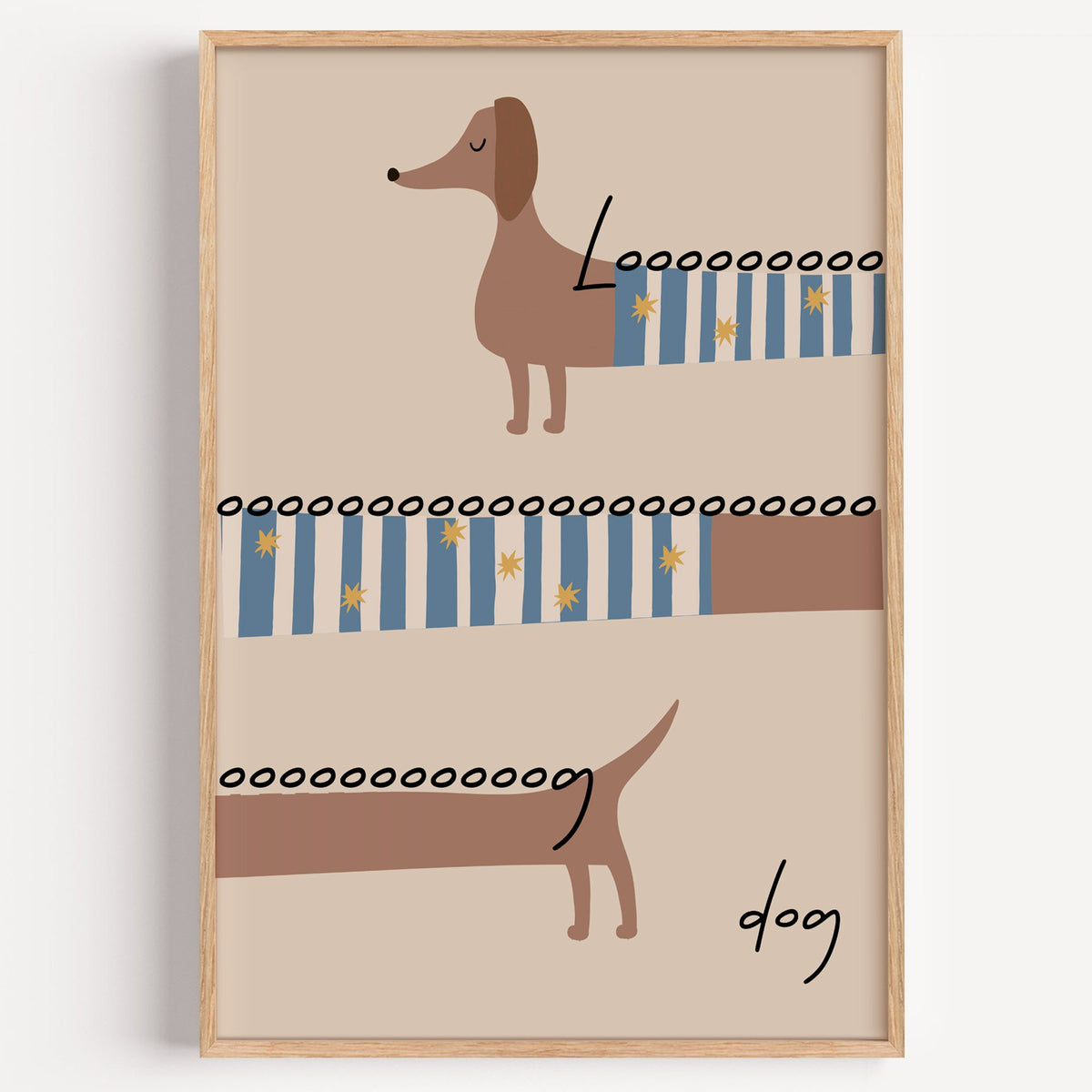 Long dog dachshund sweater nursery print in a light oak frame on a plain white wall