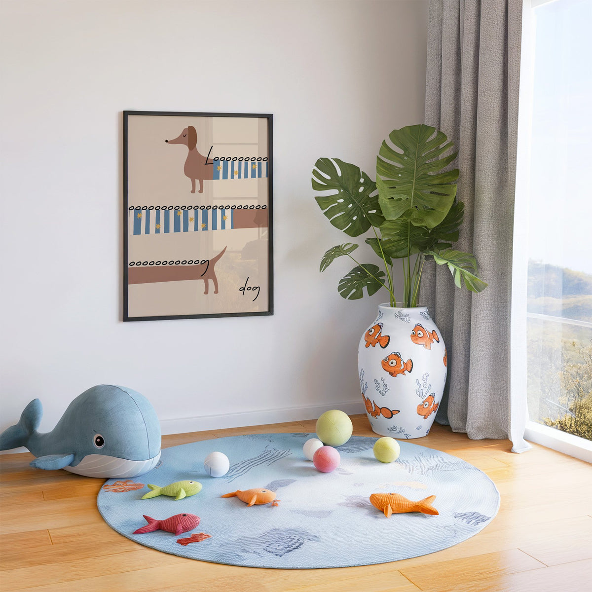 Long dog dachshund sweater nursery print in a black frame in a playroom with an ocean rug and whale plush