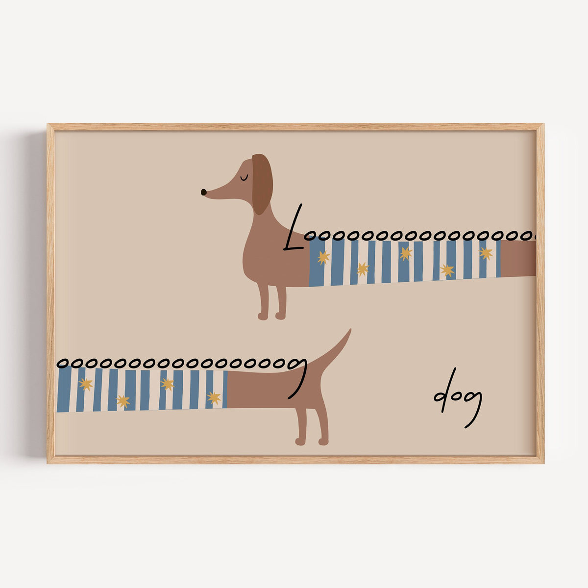 Landscape long dog dachshund sweater nursery print in a light oak frame on a plain white wall
