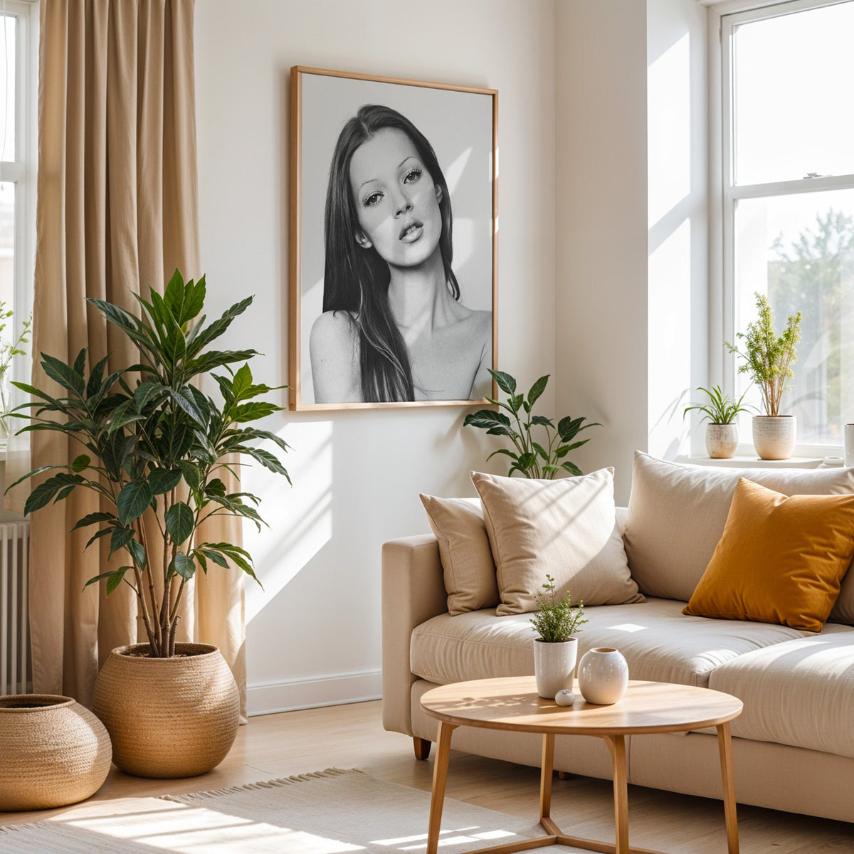 Woman with long dark hair tilting her head print in an oak frame above a cream sofa beside woven planters