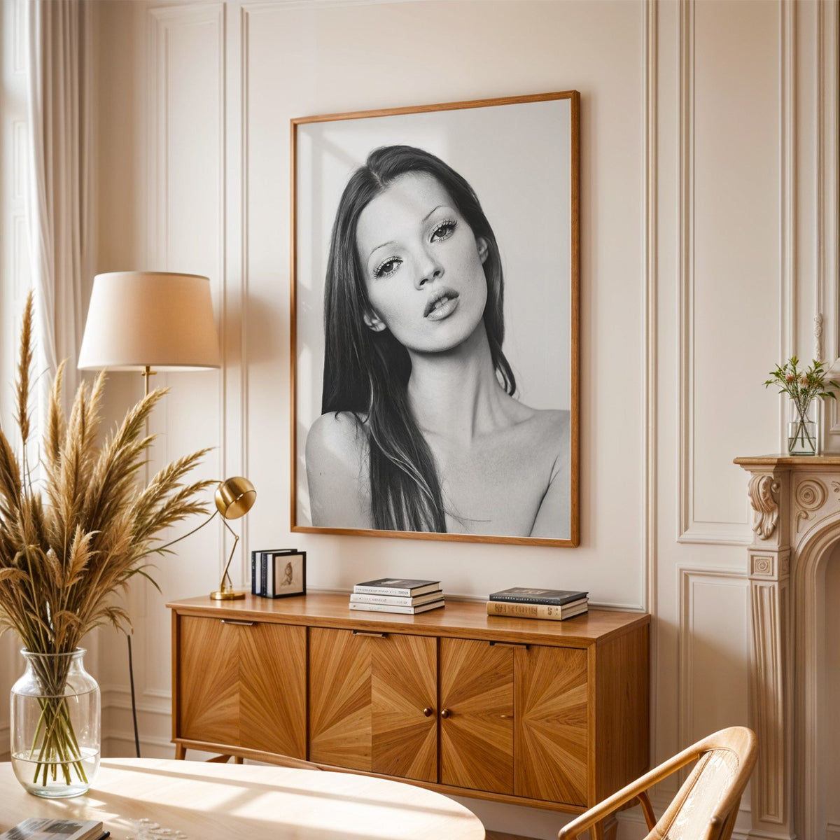 Woman with long dark hair tilting her head print in an oak frame above a sunburst wood sideboard with pampas grass