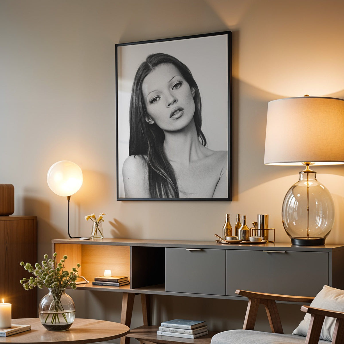 Woman with long dark hair tilting her head print in a black frame above a grey media console with a glass table lamp