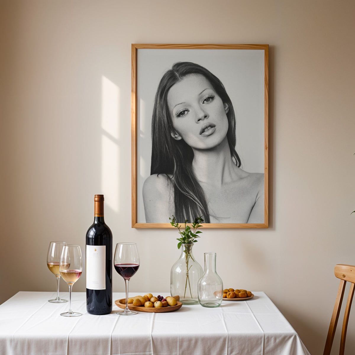 Woman with long dark hair tilting her head print in an oak frame above a table set with red wine and glasses