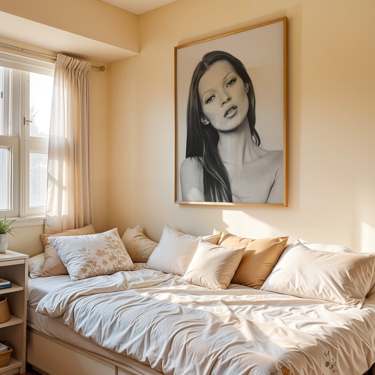 Woman with long dark hair tilting her head print in an oak frame above a cream daybed in a sunny bedroom