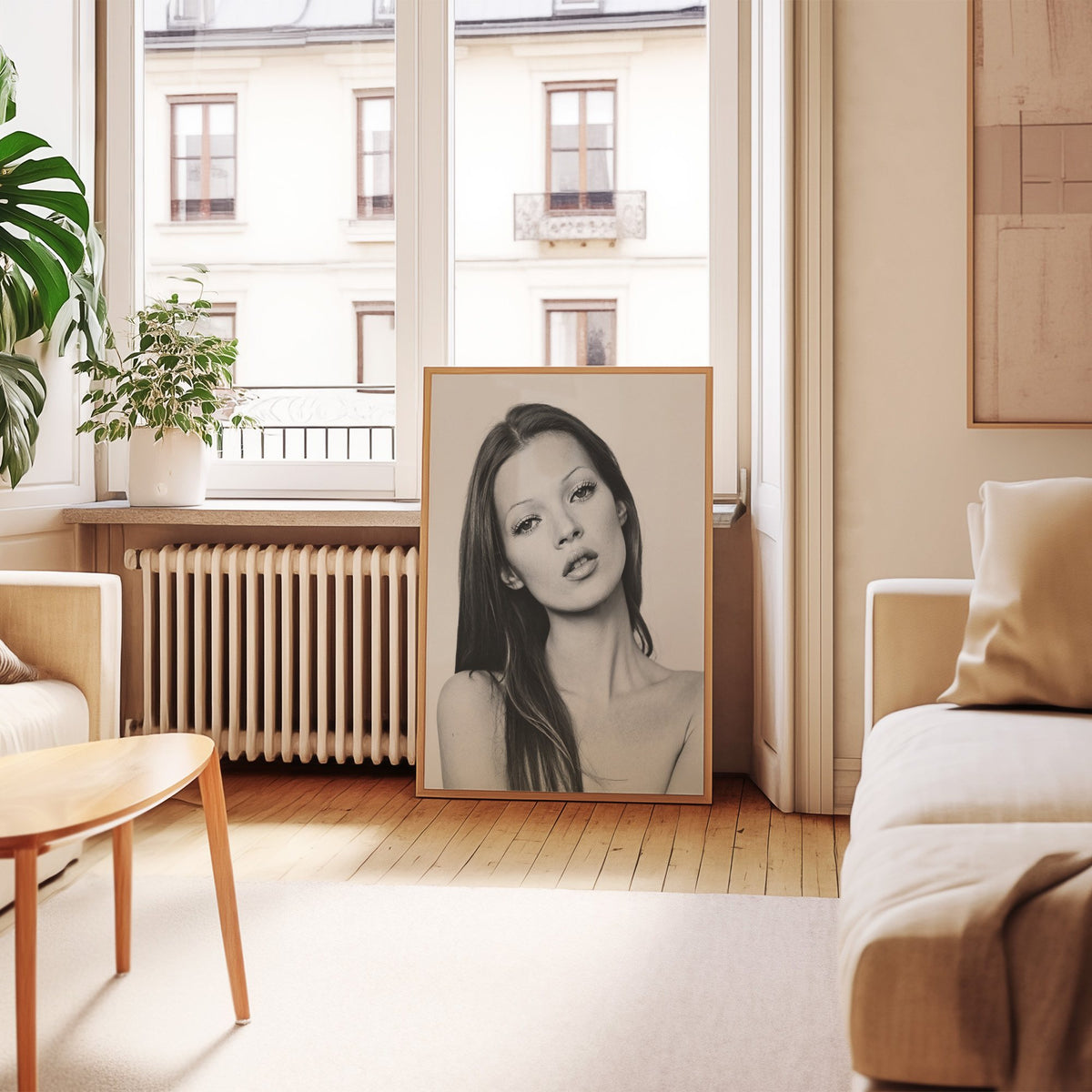 Woman with long dark hair tilting her head print in an oak frame leaning by a French window in a living room