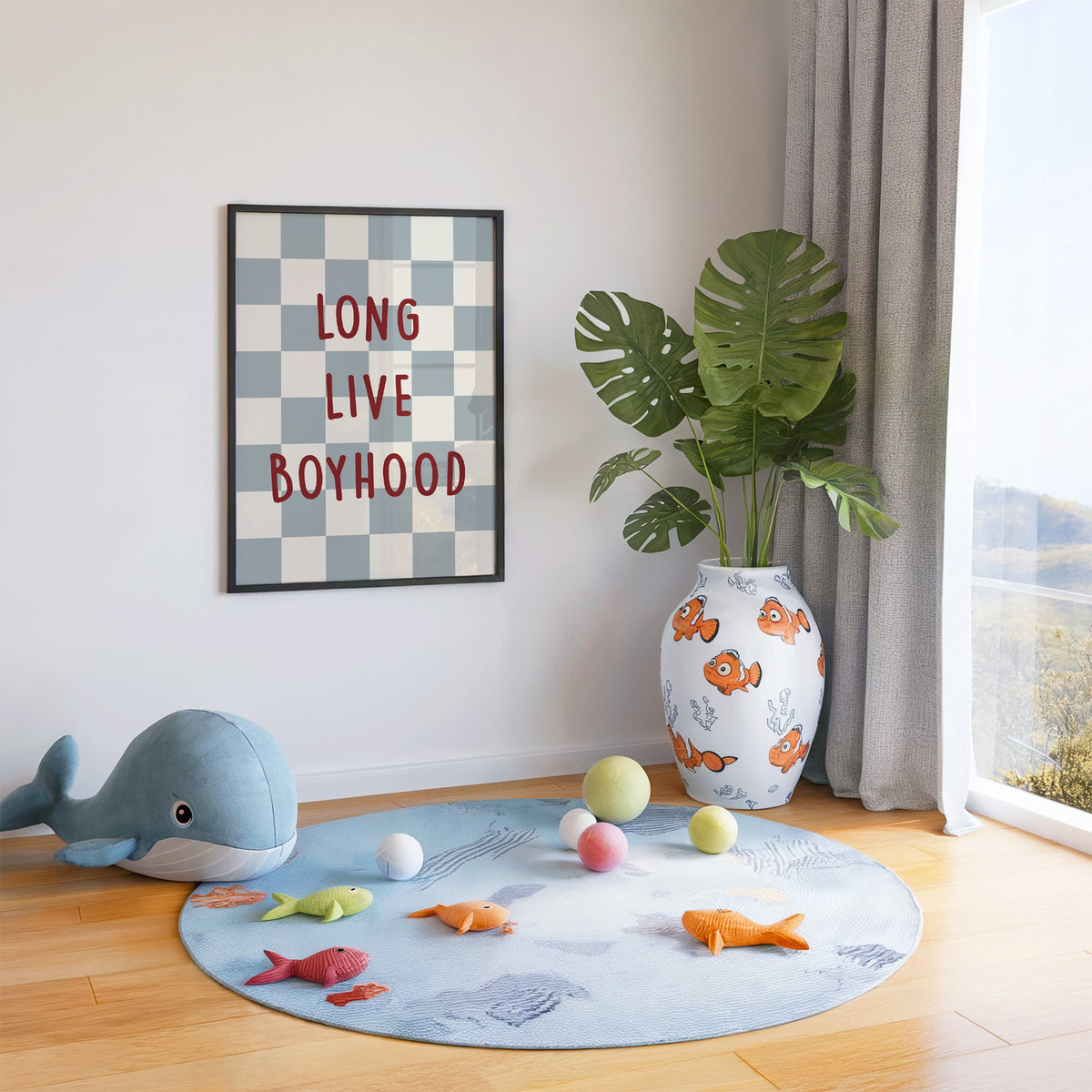 Long live boyhood checker nursery print in a black frame in a playroom with an ocean rug and whale plush