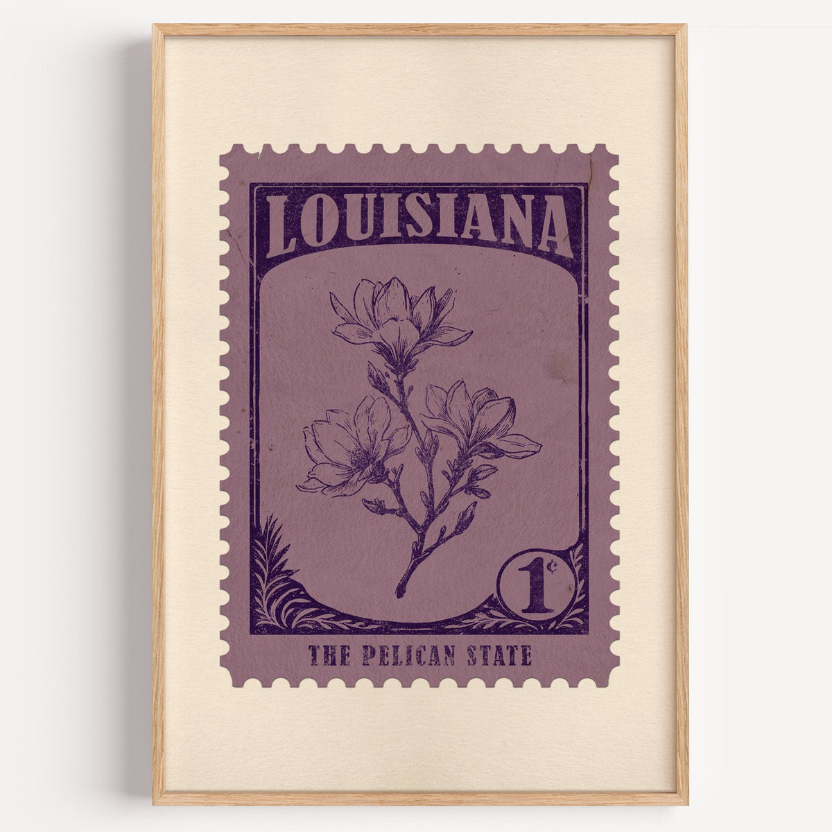 Louisiana state flower stamp print in aubergine on dusty mauve, light oak frame on a plain white wall