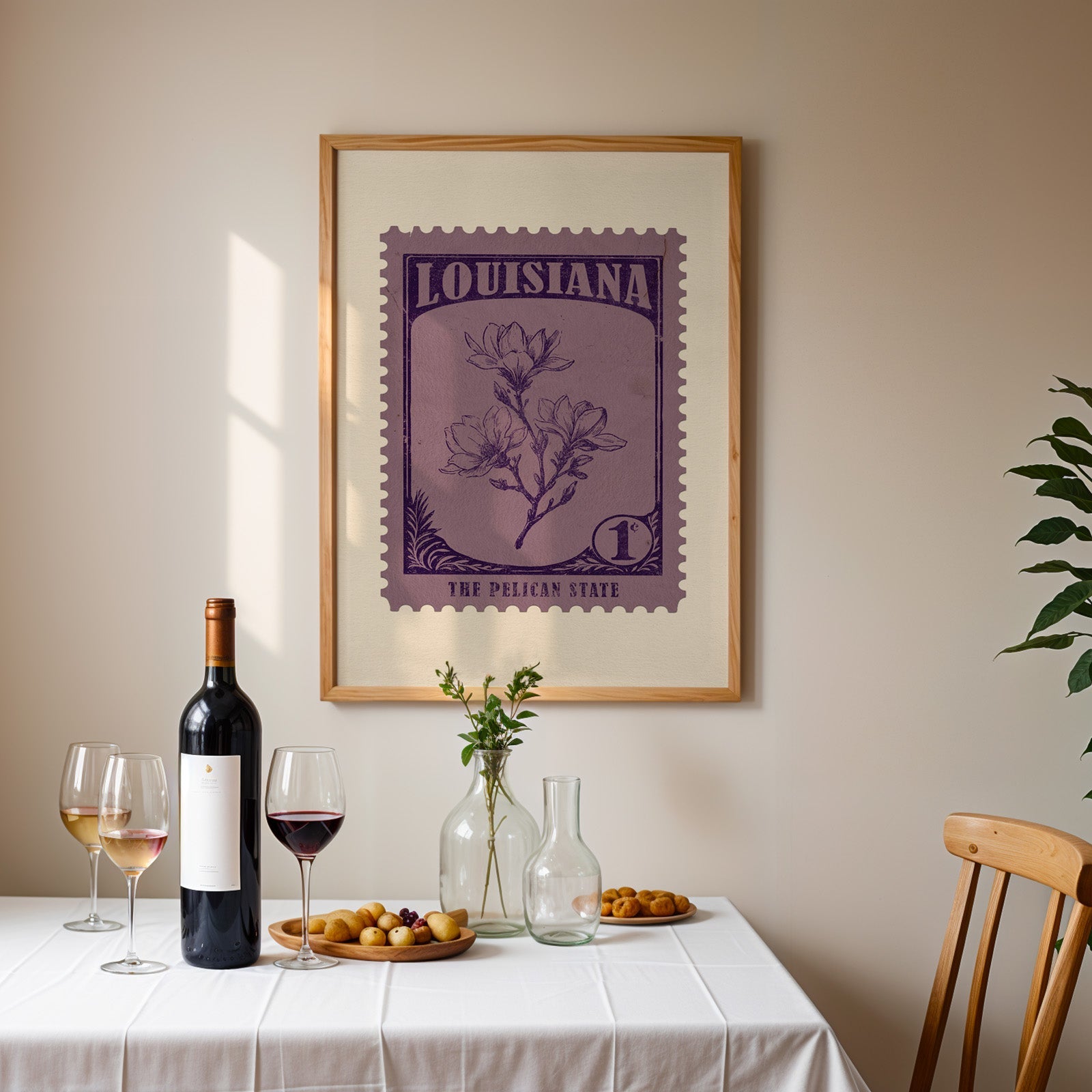 Louisiana stamp print framed on the wall above a dining table set with wine, glasses and olives