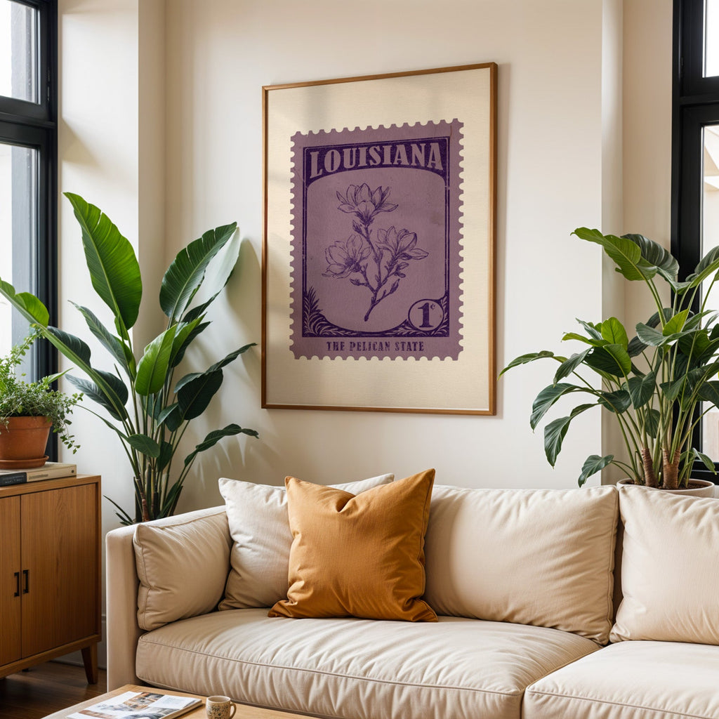 Louisiana state flower print framed above a cream sofa with an ochre cushion and large plants either side