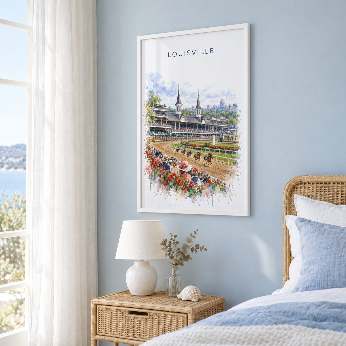 Louisville watercolor print in a white frame on a pale blue wall beside a rattan bed in a coastal bedroom