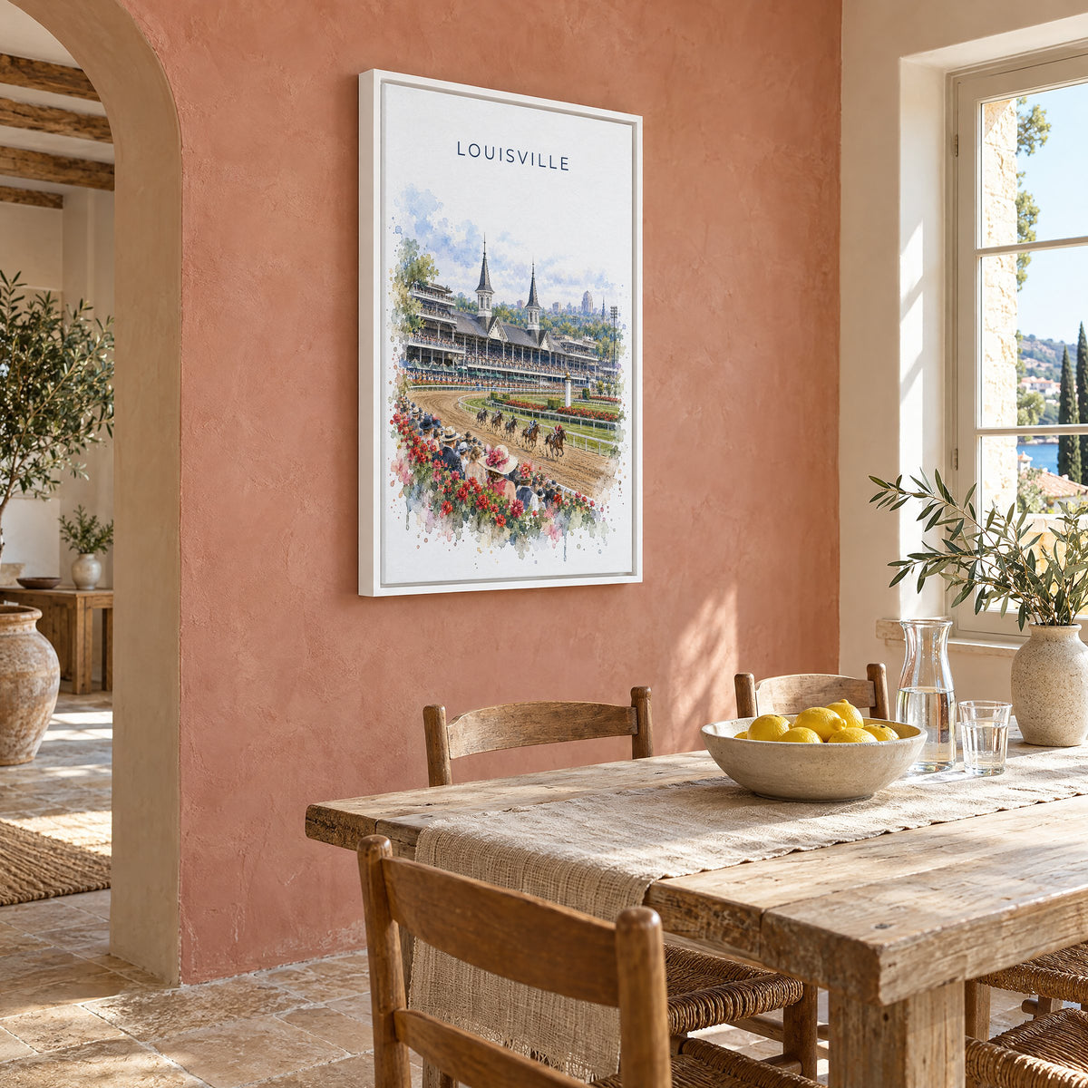 Louisville watercolor print as a white floater canvas on a terracotta wall above a rustic dining table