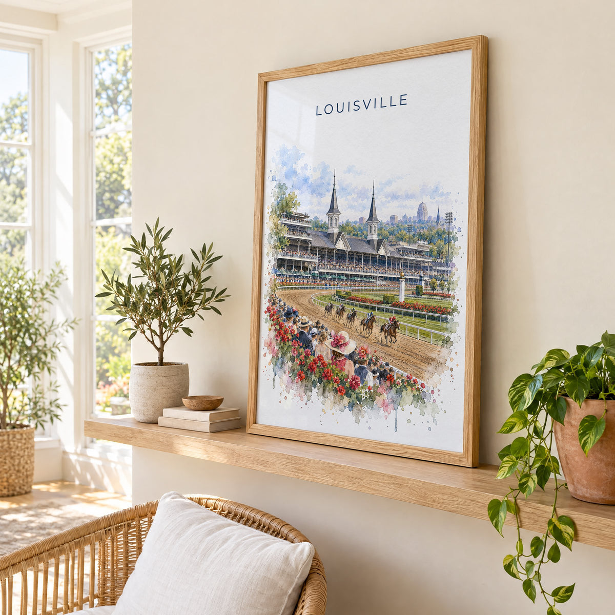 Louisville watercolor print in an oak frame on a picture ledge in a sunlit sunroom