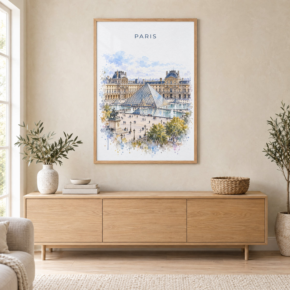 Louvre watercolor print in an oak frame above a light wood sideboard in a Scandinavian living room