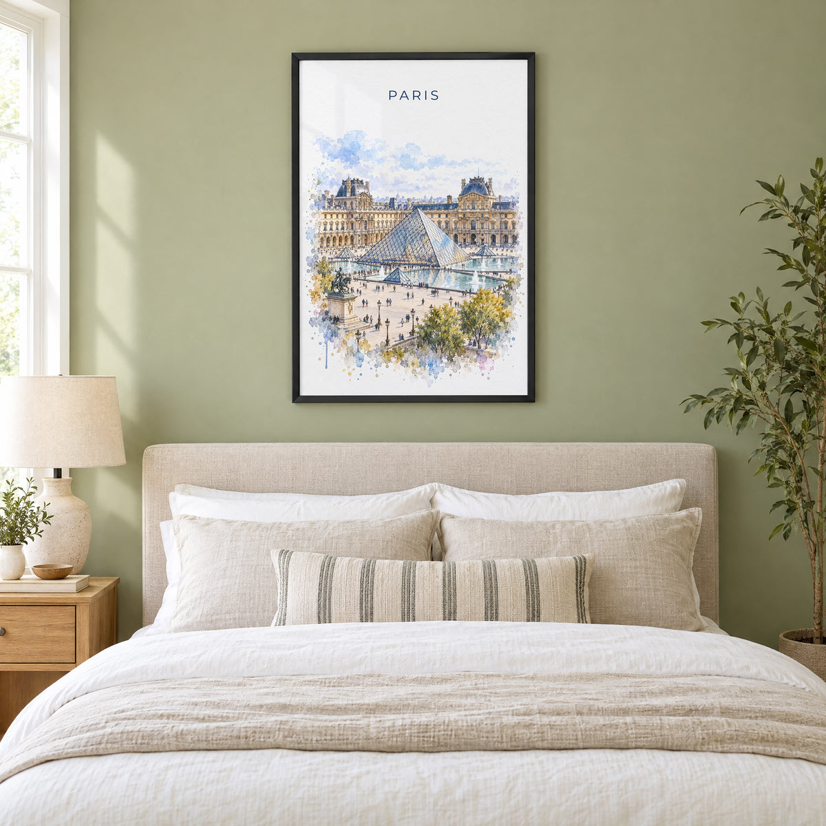 Louvre watercolor print in a black frame above an upholstered headboard in a sage green bedroom