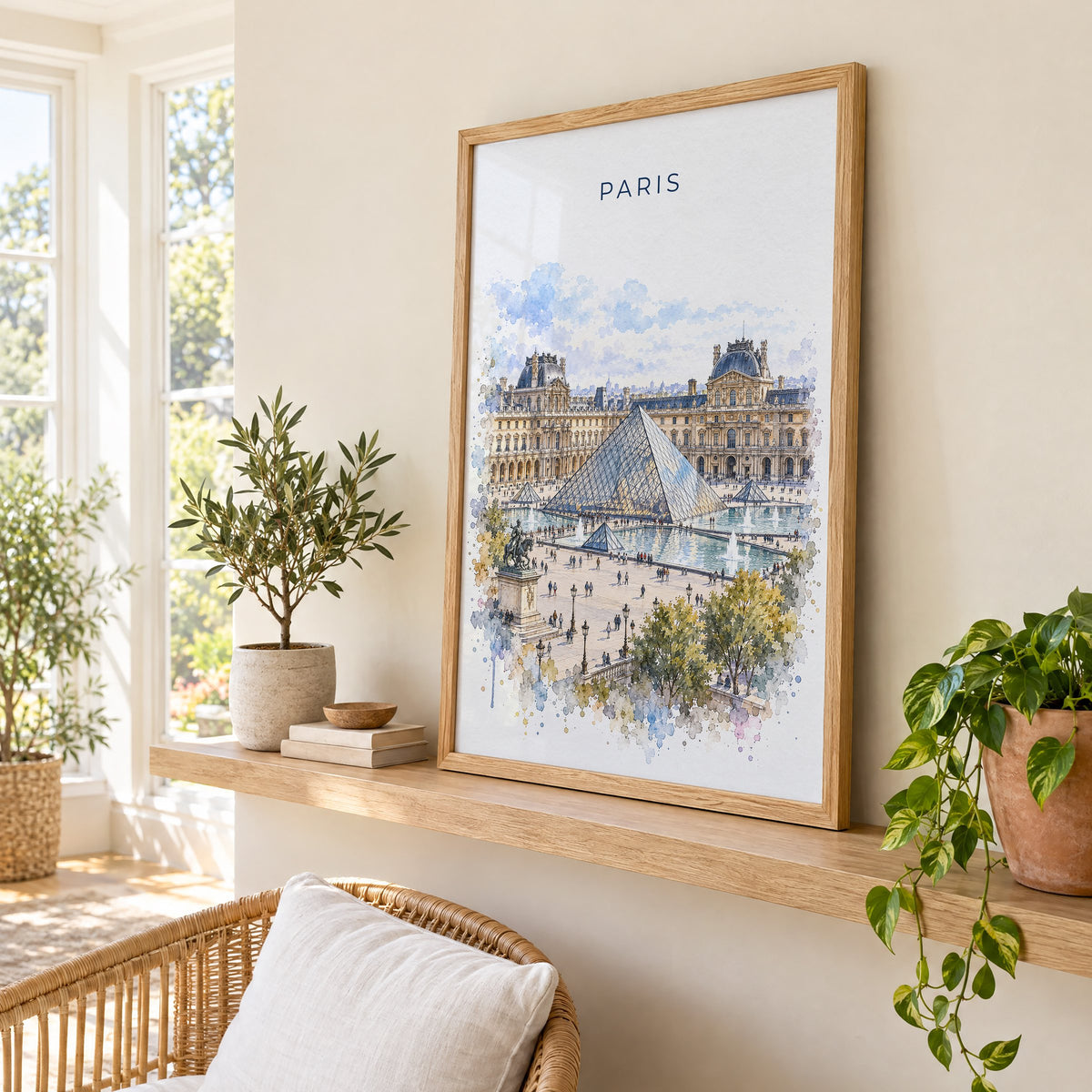 Louvre watercolor print in an oak frame on a picture ledge in a sunlit sunroom