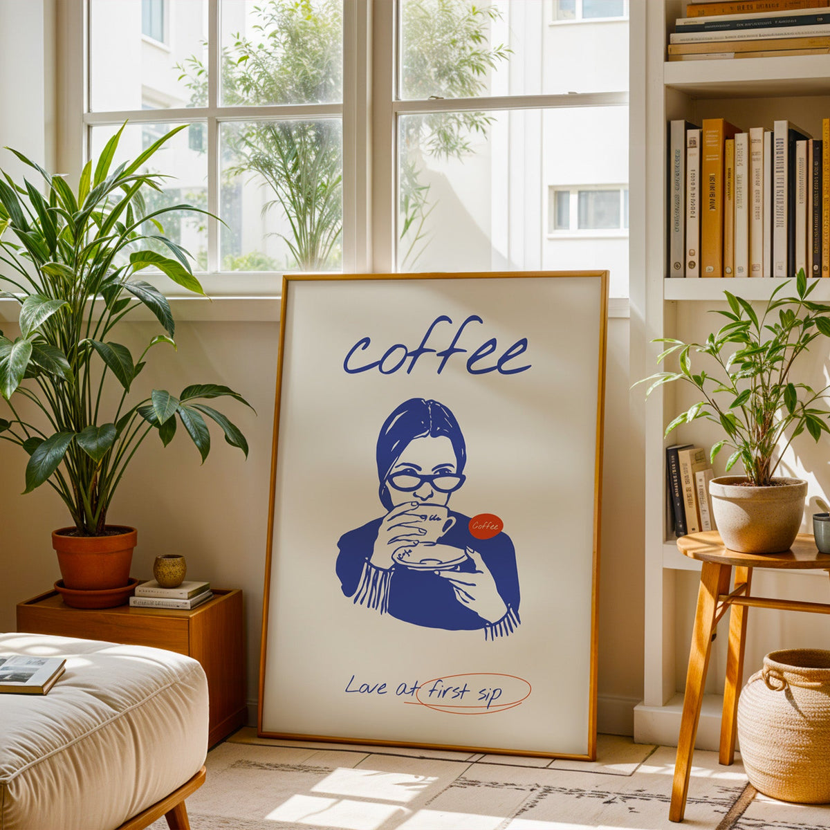 Coffee portrait poster in a slim brass frame on a berber rug in a plant-filled living room
