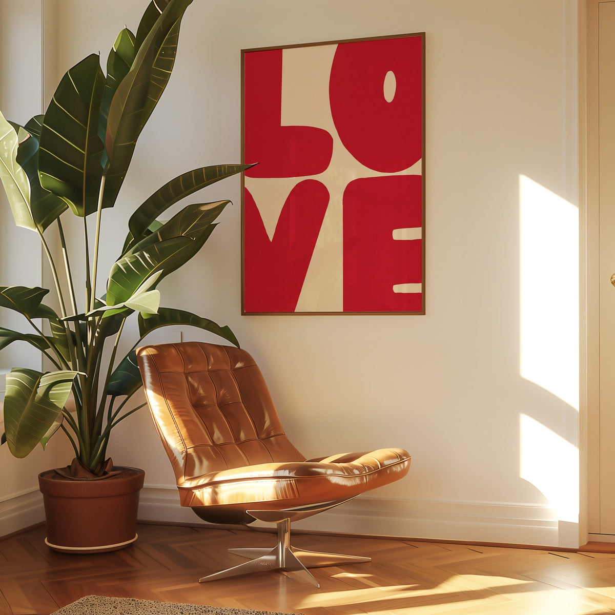Red LOVE typography print in a slim walnut frame above a tan leather lounge chair