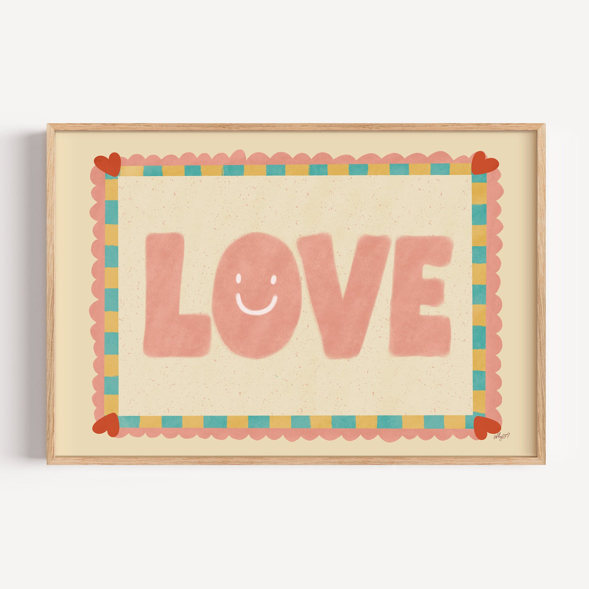 Love smiley face checkered border nursery print in a light oak frame on a plain white wall
