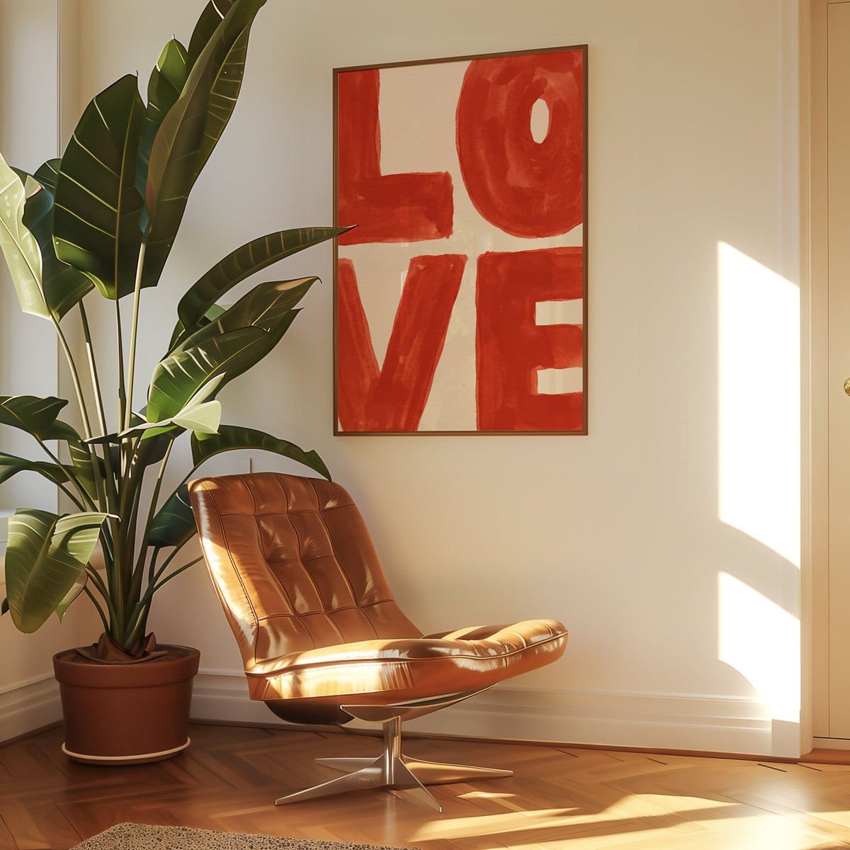 Red watercolor LOVE print in a slim walnut frame above a tan leather lounge chair