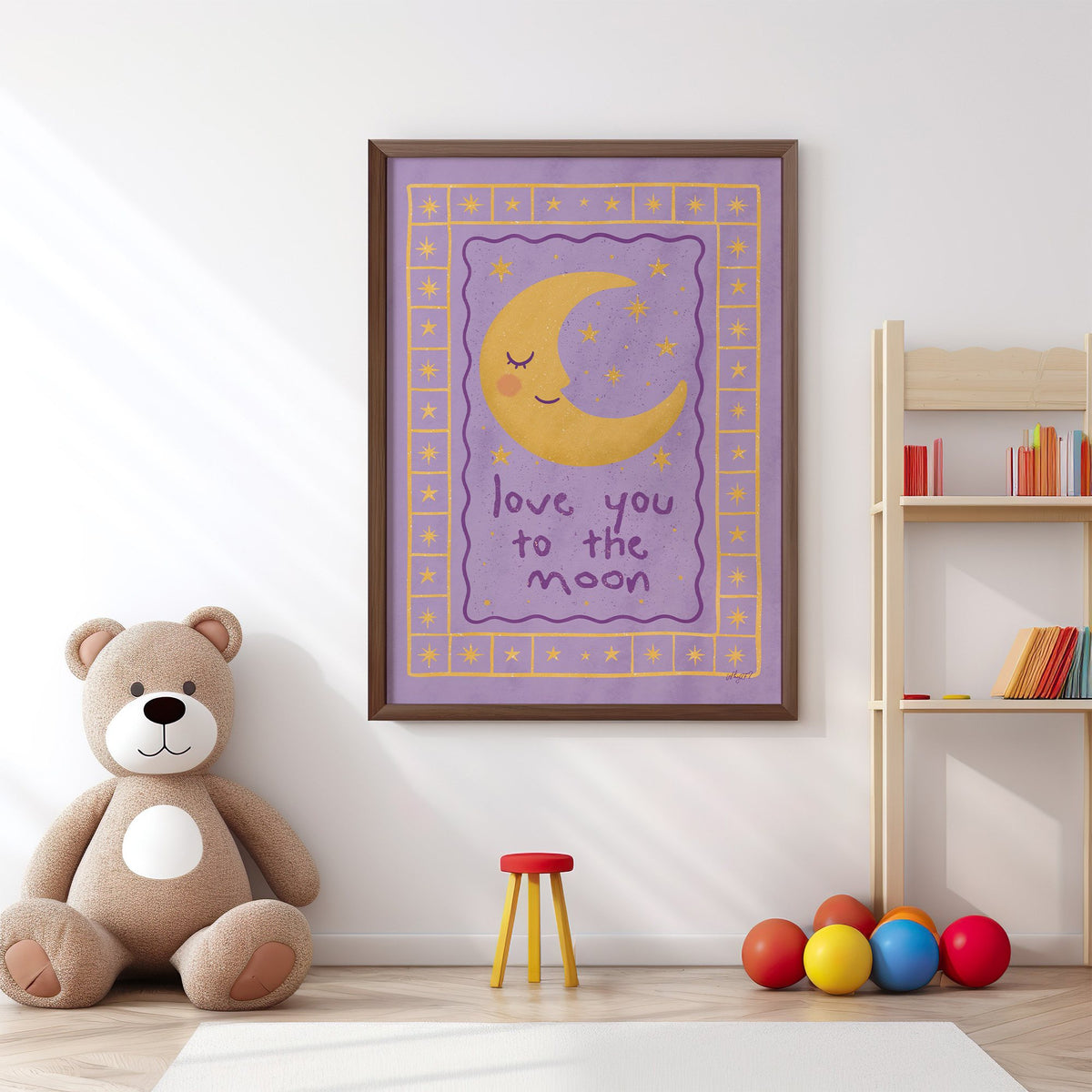 Lavender love you to the moon nursery print in a walnut frame above a big teddy bear by a bookshelf