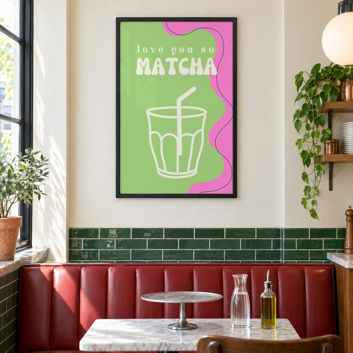 Love you so MATCHA outline glass print in a black frame above a red leather booth in a sunny pizzeria
