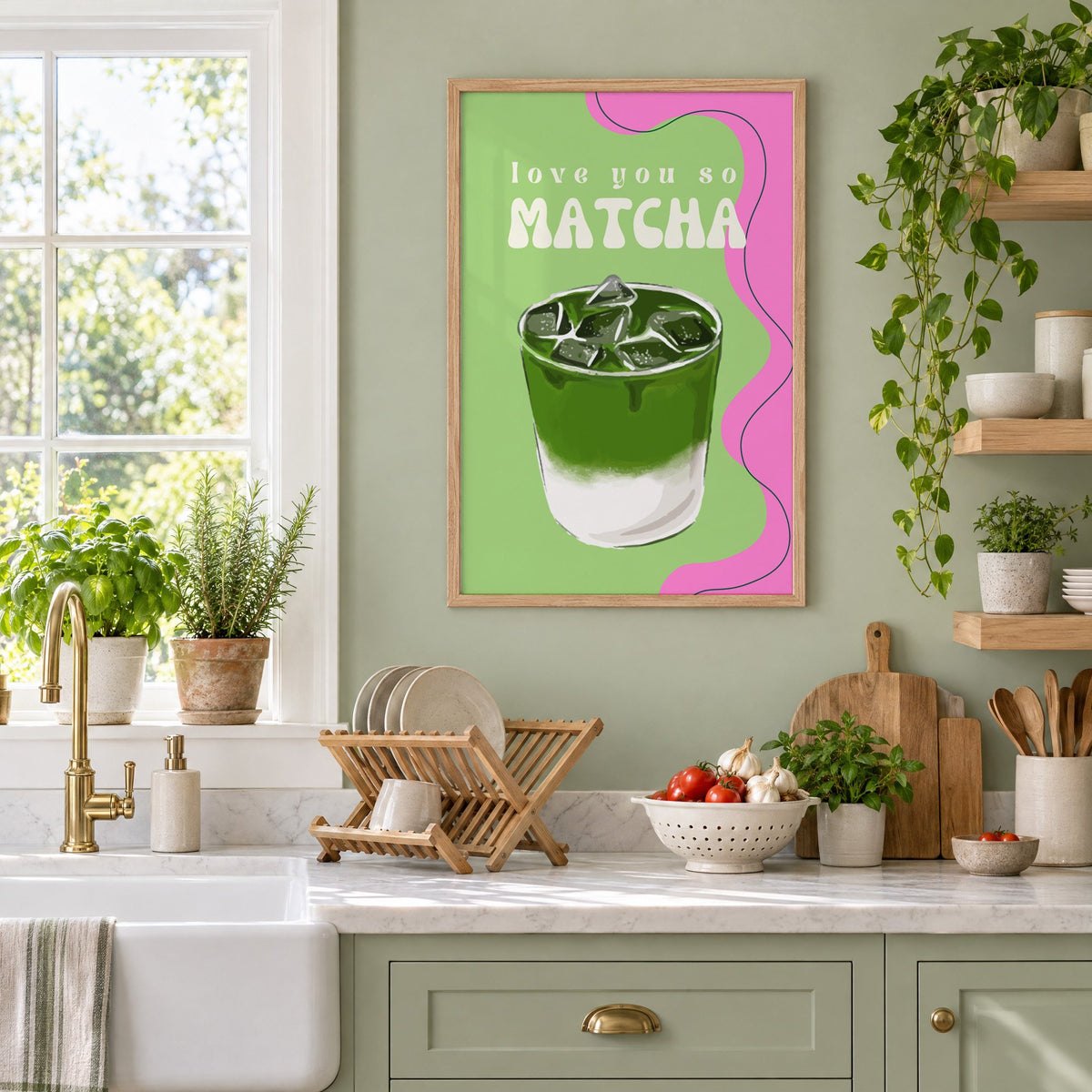 Love you so MATCHA iced latte print in an oak frame on a sage green kitchen wall beside a farmhouse sink and herbs