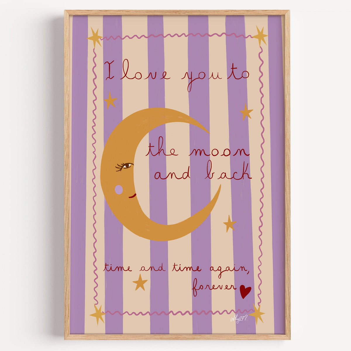 Love you to the moon lilac nursery print in a light oak frame on a plain white wall