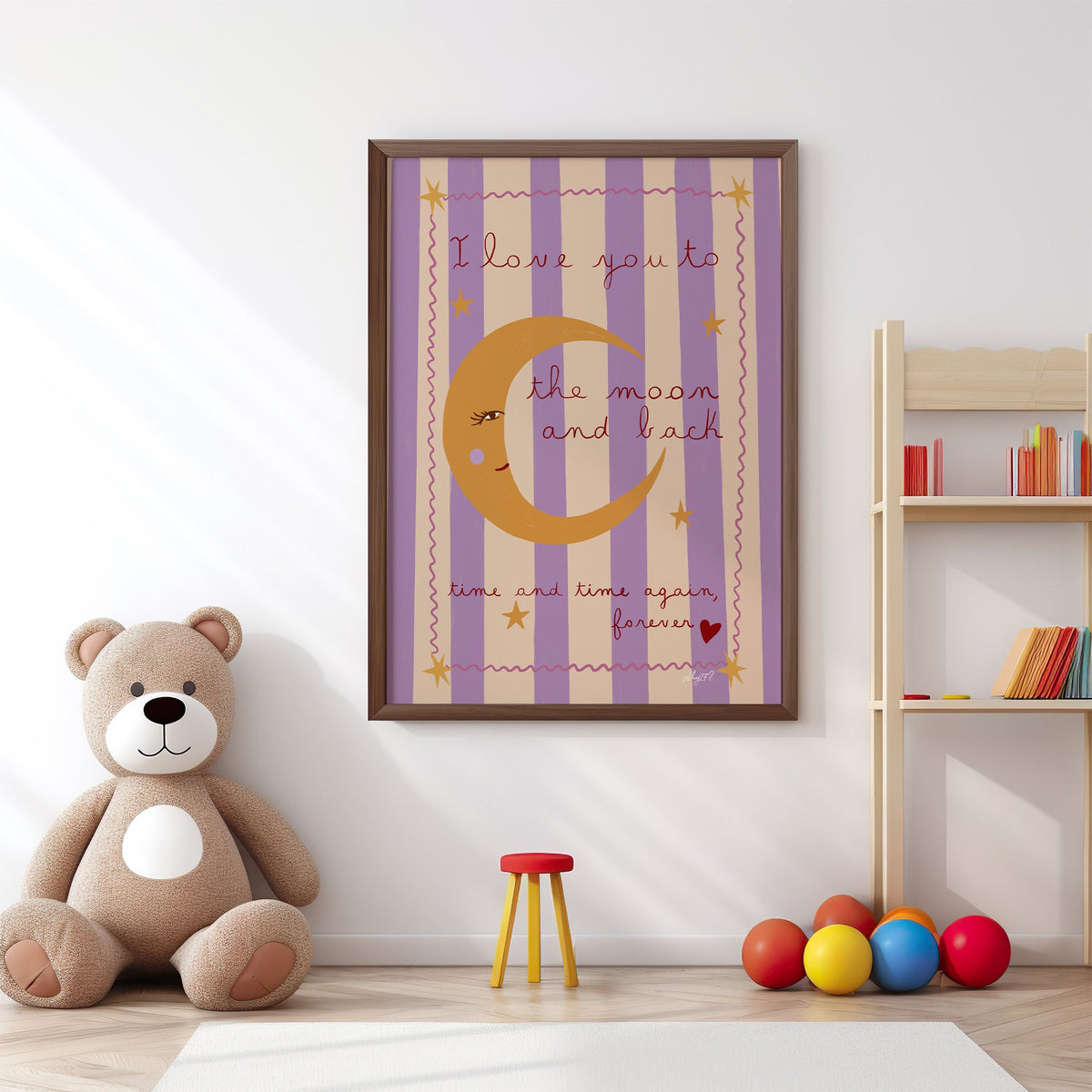Love you to the moon lilac nursery print in a walnut frame above a big teddy bear by a bookshelf