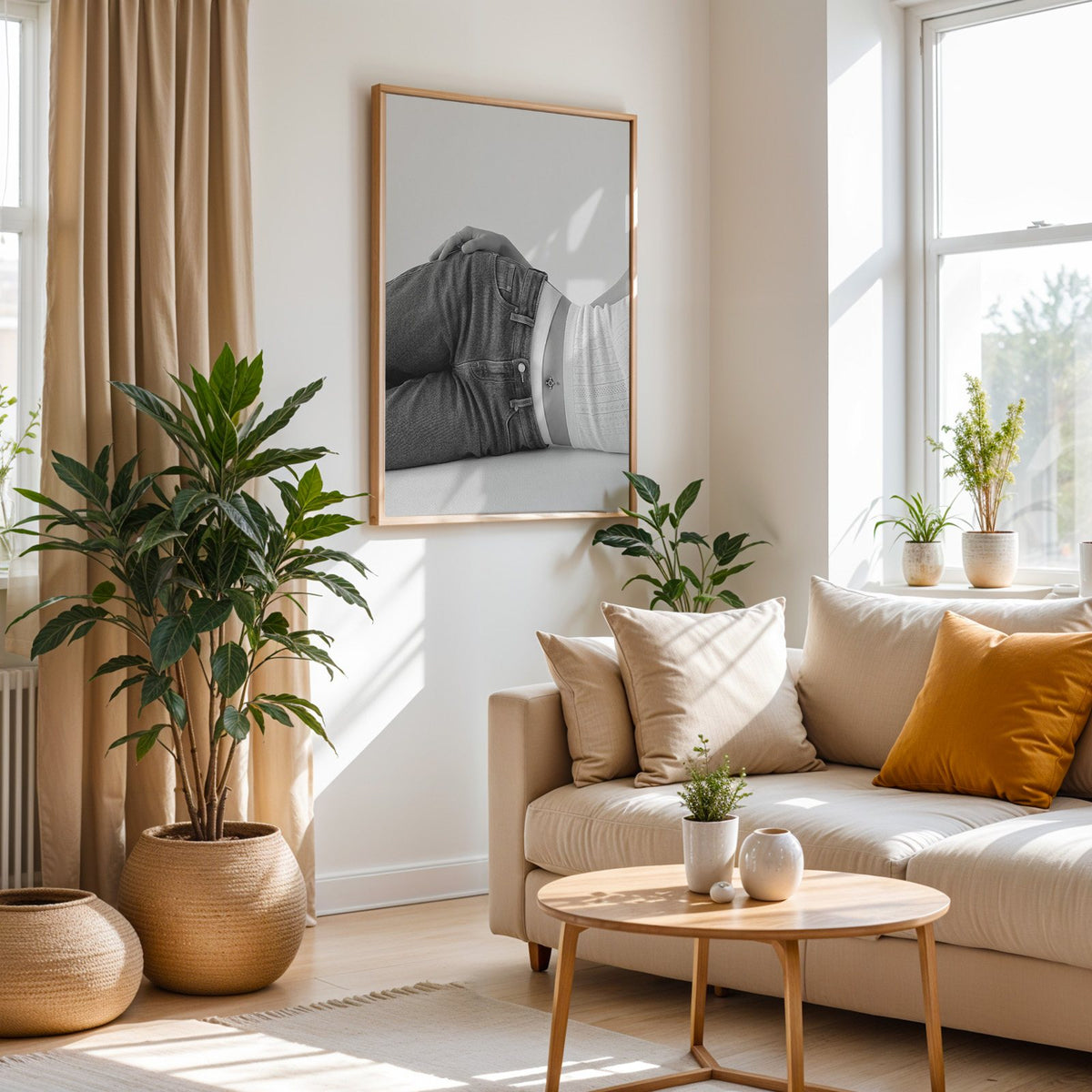 Woman lying in low rise jeans on grey print in an oak frame above a cream sofa beside woven planters