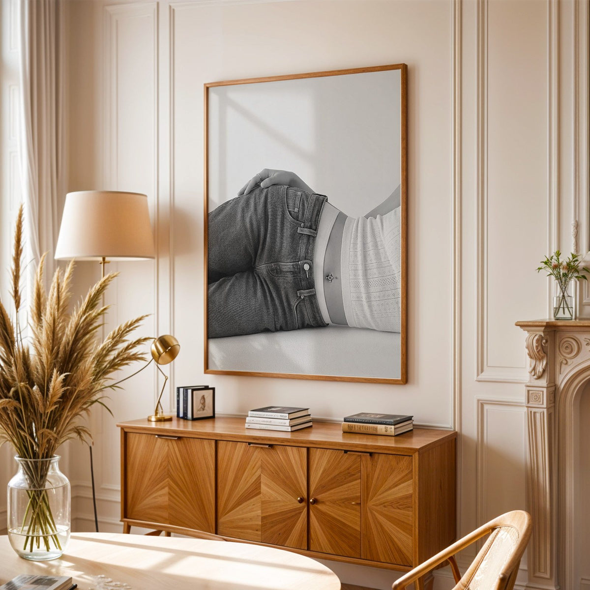 Woman lying in low rise jeans on grey print in an oak frame above a sunburst wood sideboard with pampas grass