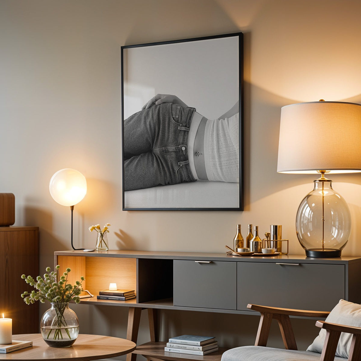 Woman lying in low rise jeans on grey print in a black frame above a grey media console with a glass table lamp