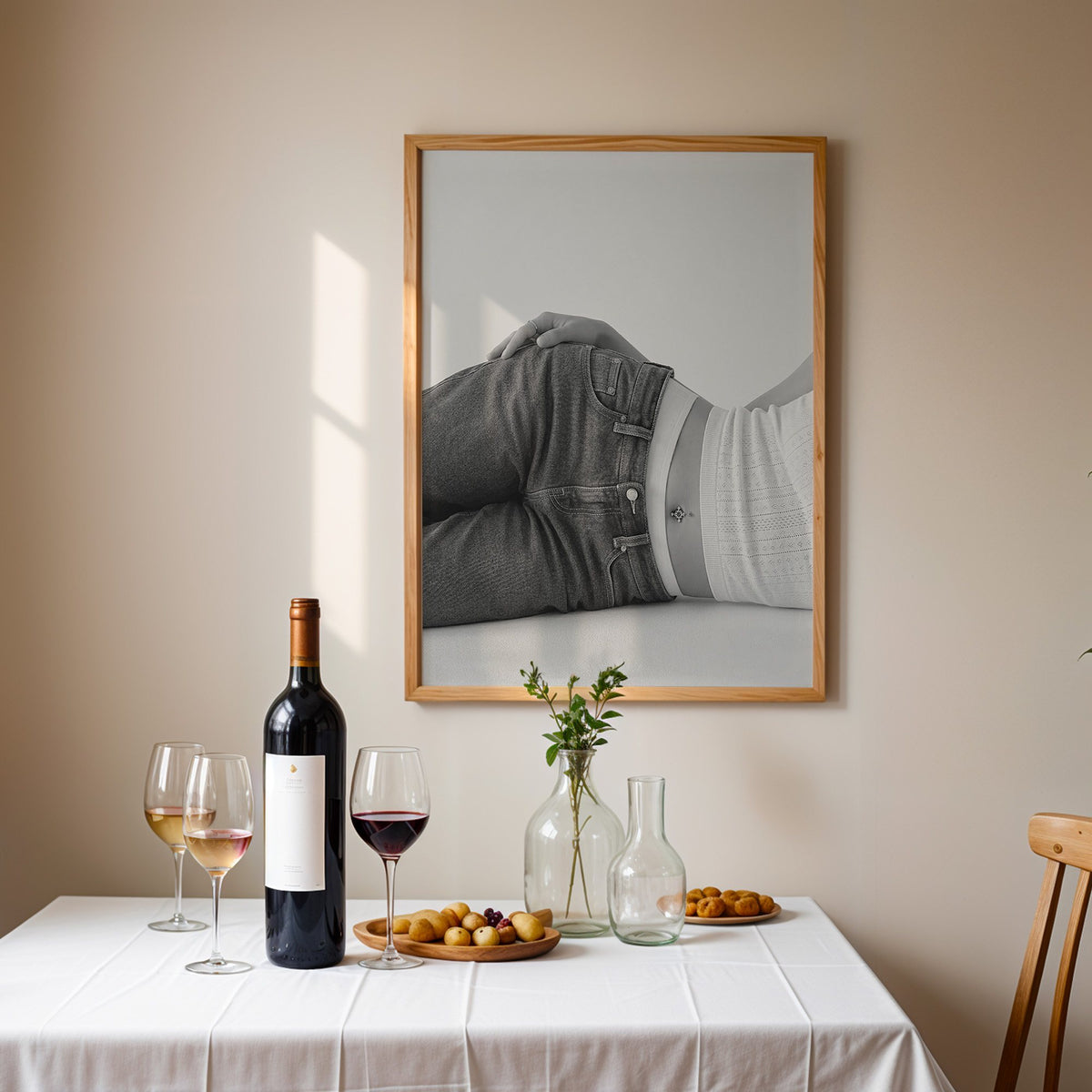 Woman lying in low rise jeans on grey print in an oak frame above a table set with red wine and glasses