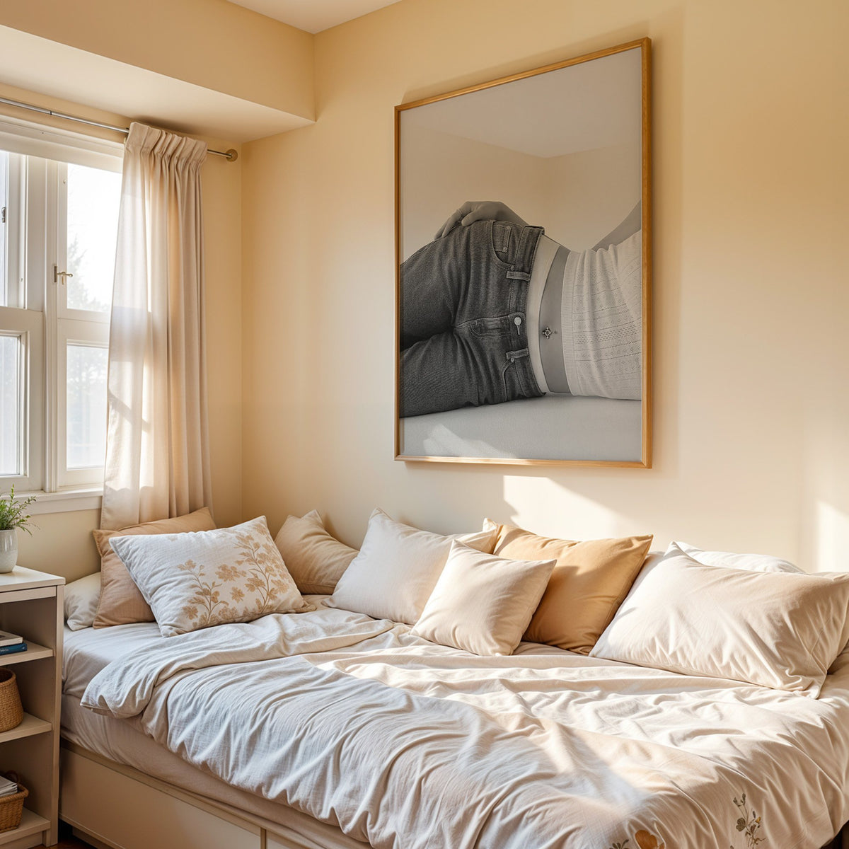 Woman lying in low rise jeans on grey print in an oak frame above a cream daybed in a sunny bedroom