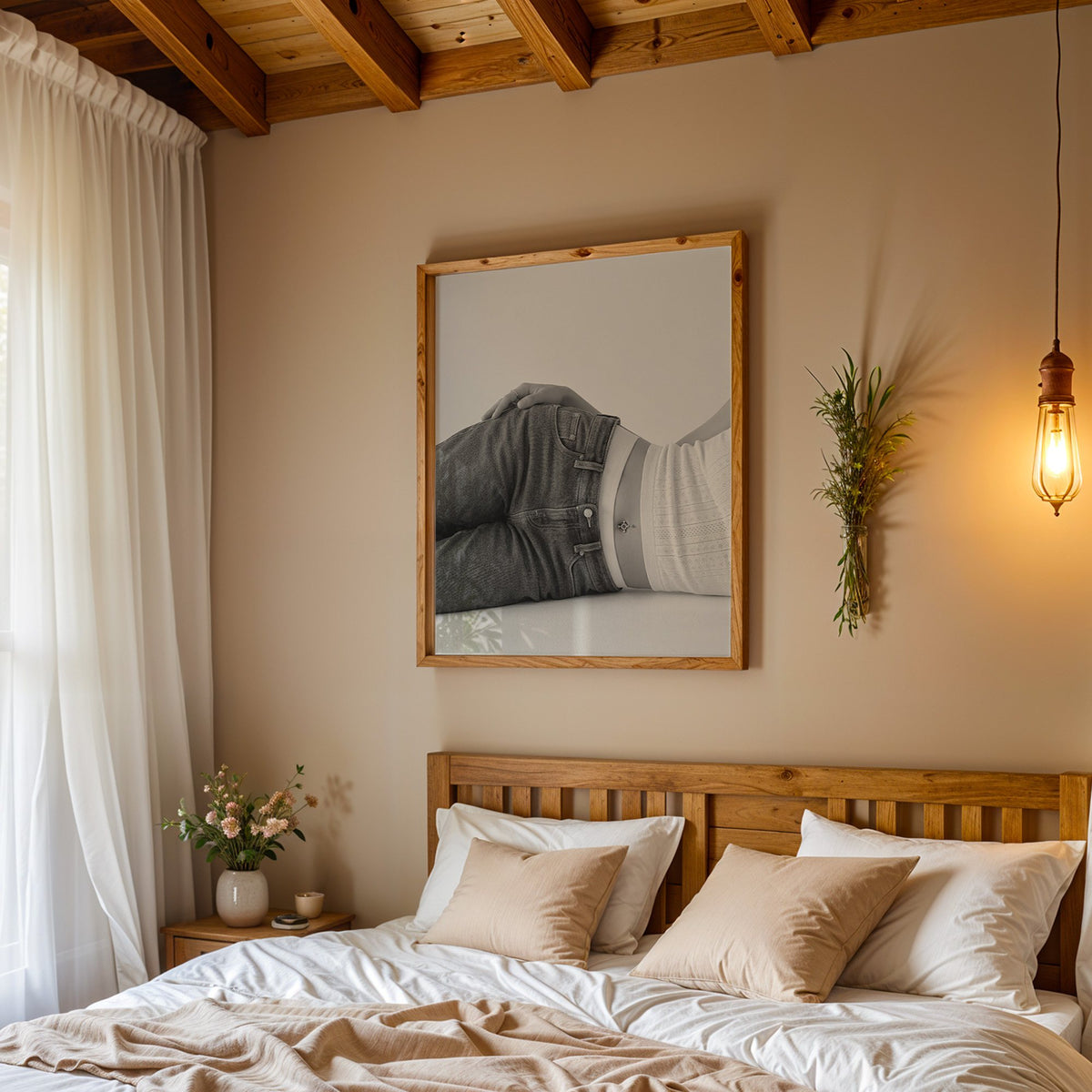 Woman lying in low rise jeans on grey print in a pine frame above a wood headboard bed under a pendant bulb