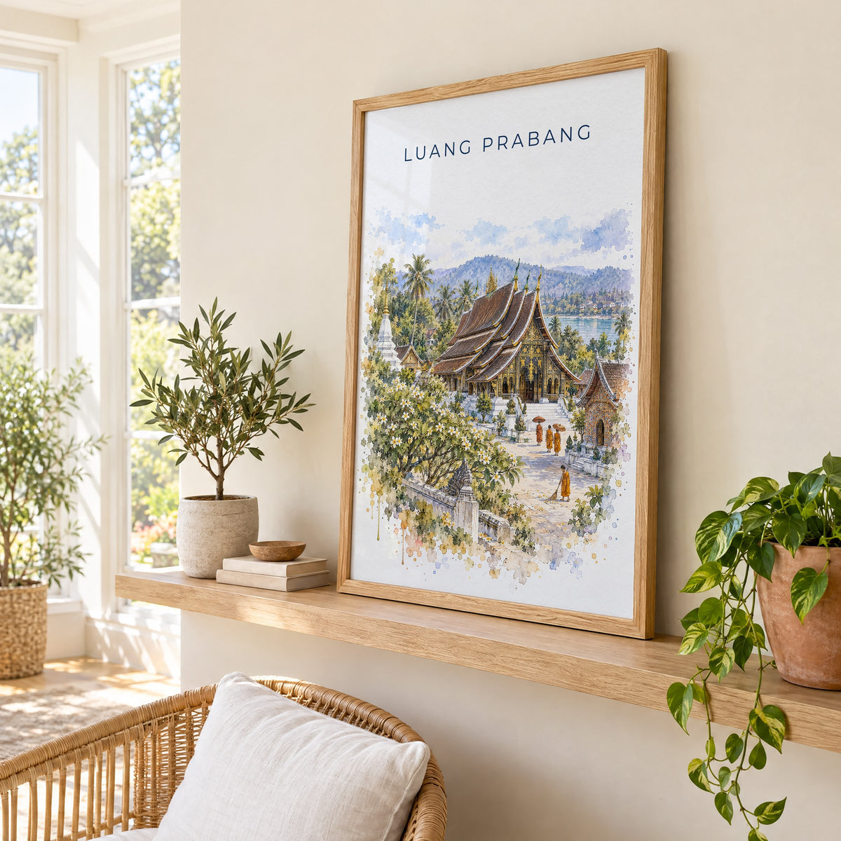Luang Prabang watercolor print in an oak frame on a picture ledge in a sunlit sunroom