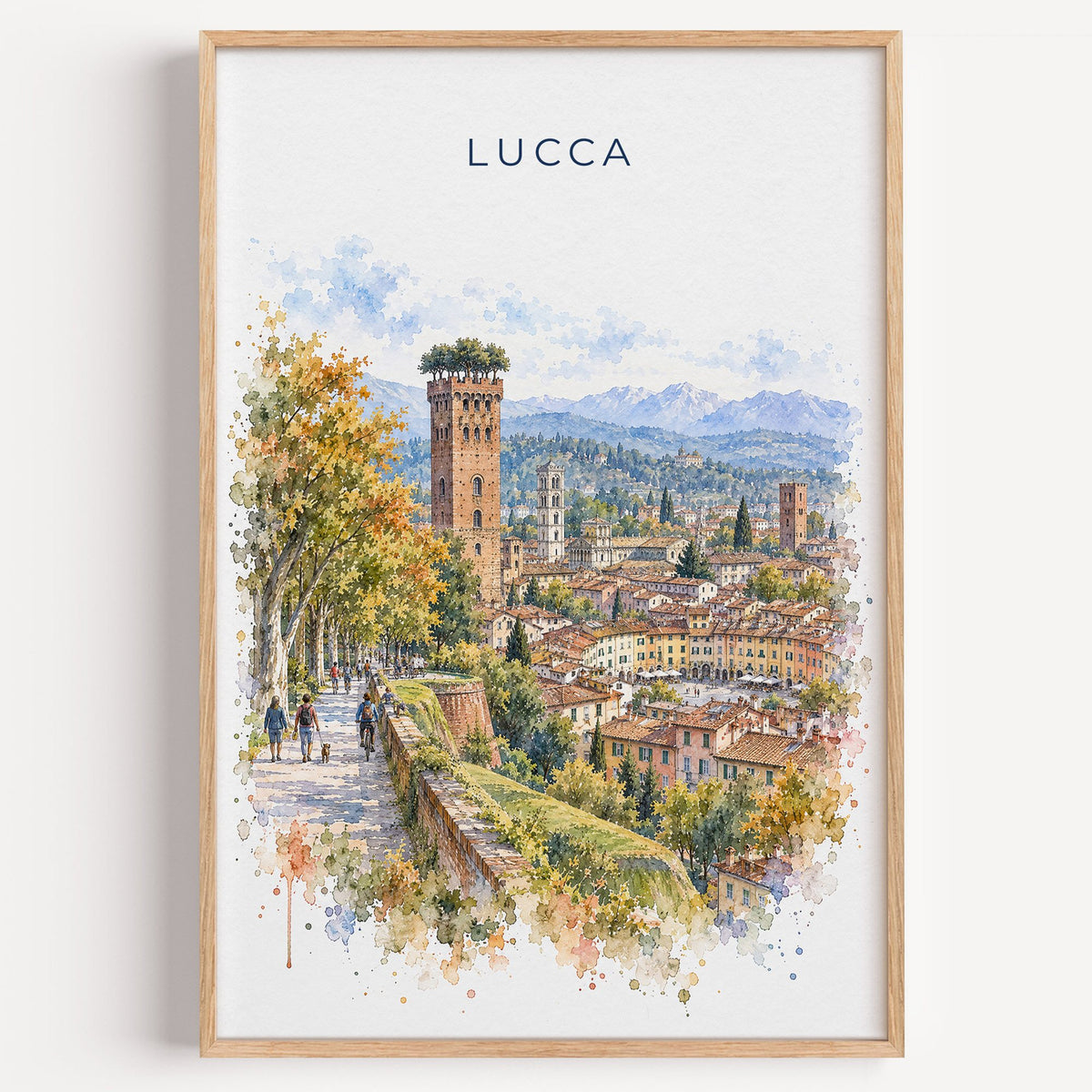 Lucca watercolor print in a light oak frame on a plain white wall