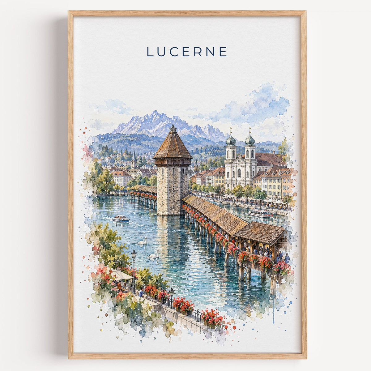 Lucerne watercolor print in a light oak frame on a plain white wall